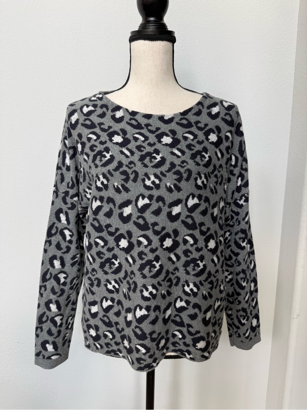 LOFT Gray and Black Leopard Print Crewneck Sweater